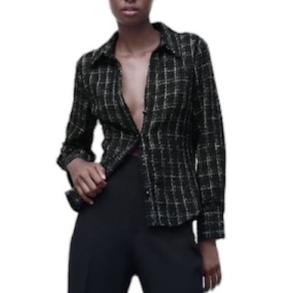 Zara Fitted Structured Black Plaid Shirt Tweed M medium NWT - Picture 2 of 10